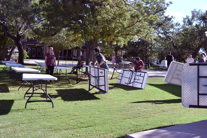 "Tables Set Up In Front of Pavilion"